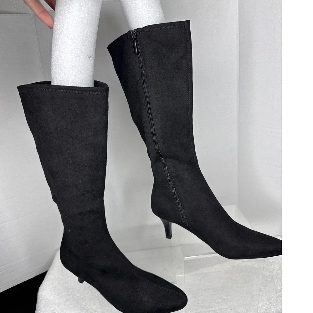 Impo Norris Boots Women 6 M Black Stretch Kitten Heel Pointed Toe Tall Zip Up